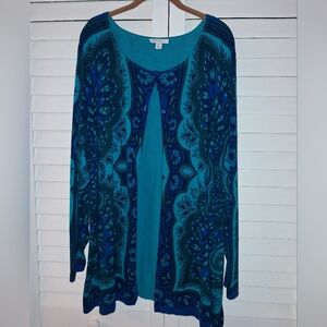 3X Isaac Mizrahi Live Teal Blue Paisley Long Sleeve 100% Cardigan Sweater